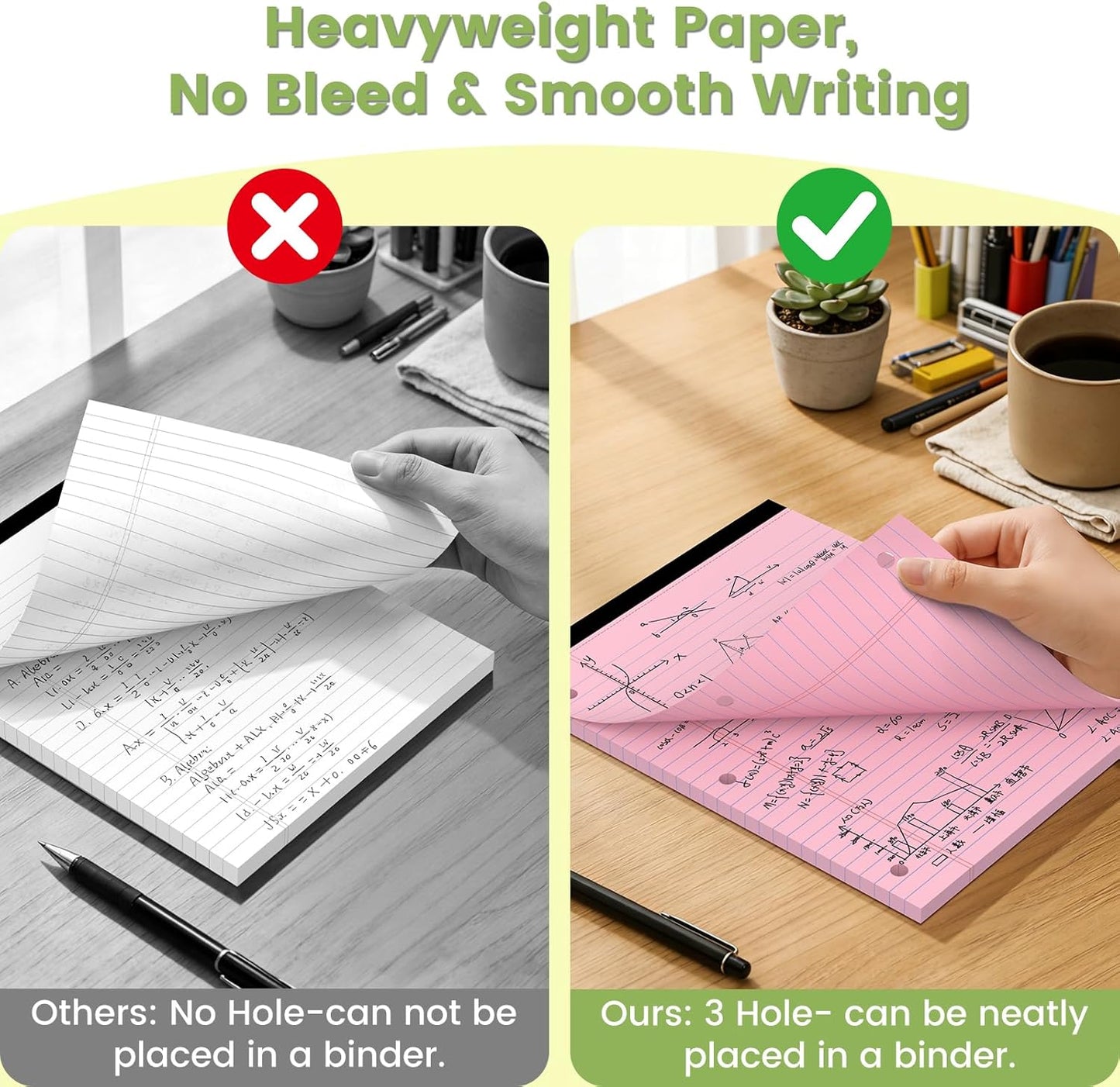 Legal Pads 8.5x11, White Notepads 8.5x11, Wide Ruled Lined with 3 Hole Punch, Loose Leaf Notebook Paper for 3 Ring Binders, 3 Pack, 30 Sheets/Pack, Perforate for School, Office, Home
