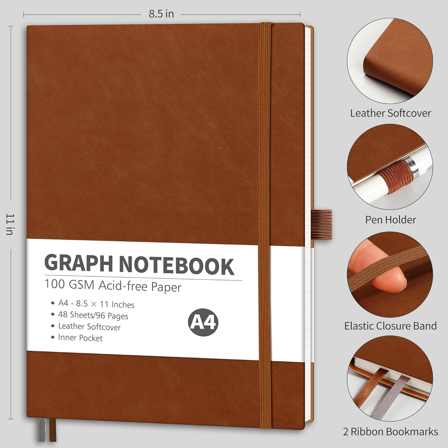 RETTACY Graph Grid Paper Notebook, 96 Pages, A4 Large Size (8.5'' x 11''), 5 Squares per Inch, Leather Softcover, 100 GSM Thick Paper, for School, Students, Math, Engineering (Navy Blue)