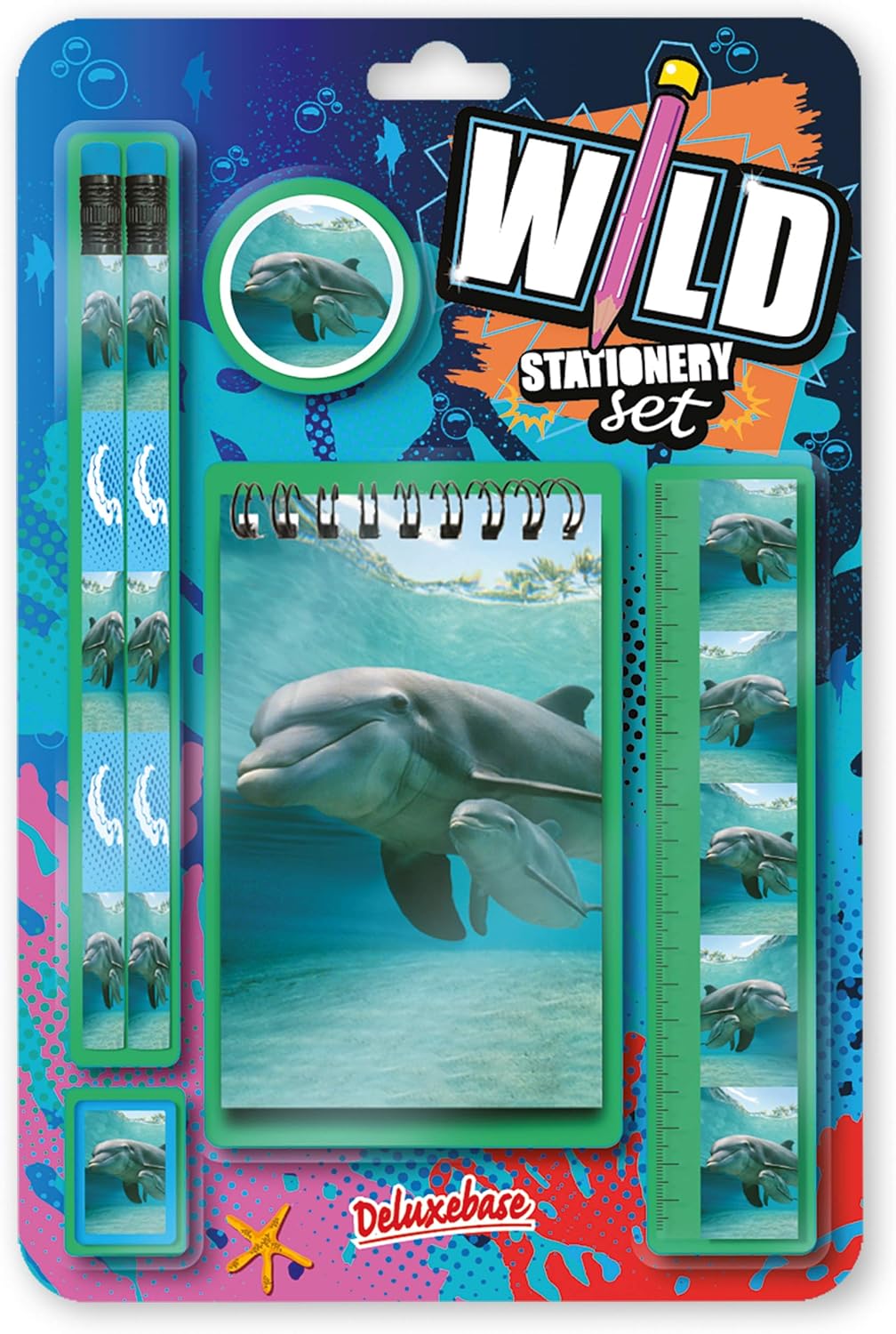 Deluxebase Wild Stationery Set - Dolphin from Animal Stationery Sets with 2 Pencils, Eraser, Pencil Sharpener, Ruler & Cute Notebook. Ideal Office Supplies, Desk Accessories & College Essentials.