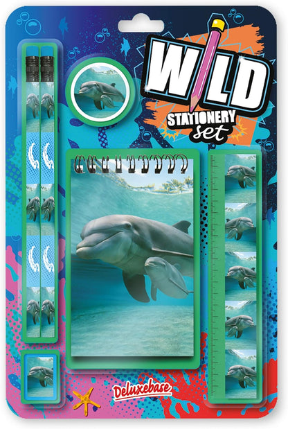 Deluxebase Wild Stationery Set - Dolphin from Animal Stationery Sets with 2 Pencils, Eraser, Pencil Sharpener, Ruler & Cute Notebook. Ideal Office Supplies, Desk Accessories & College Essentials.