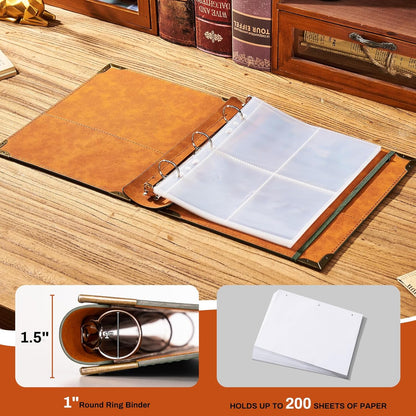 Ovesmusl Leather 3 Ring Binder Fits 8.5"x11" Letter Size Paper, 1 Inch Round Ring Binder Holds 200 Sheets, Notebook Cover Loose Leaf Organizer, Green Tree