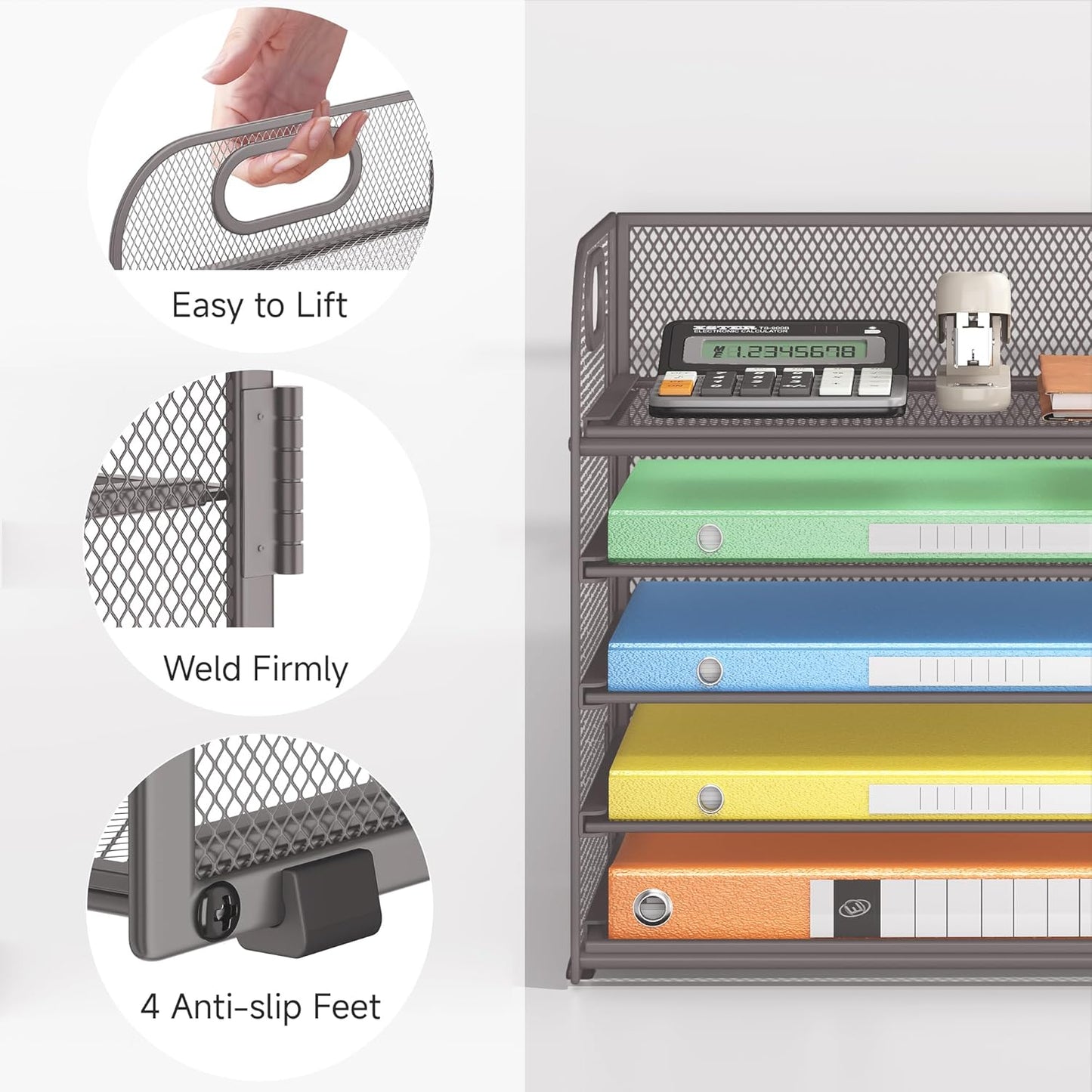 Lavatino 5 Tray Desk File Organizer, Black Mesh Paper Sorter Letter Tray Organizer with Handle, Desktop File Organizer and Storage for Letter/A4 Office File Folder