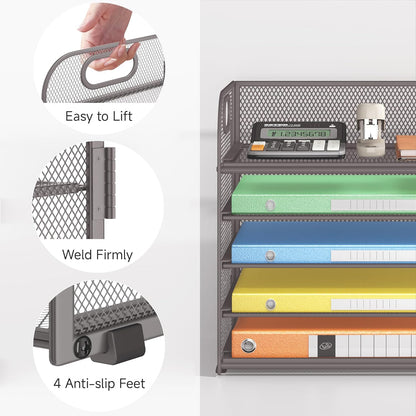Lavatino 5 Tray Desk File Organizer, Black Mesh Paper Sorter Letter Tray Organizer with Handle, Desktop File Organizer and Storage for Letter/A4 Office File Folder