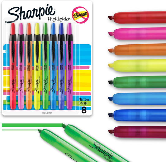 Sharpie Retractable Highlighters, Chisel Tip, Assorted Colors, 8 Count - Journaling, Classroom, Study Supplies