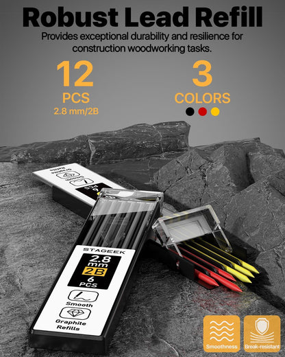 Carpenter Pencils with Sharpener, 2.8mm Mechanical Pencil Set with 26 Refills, Waterproof Deep Hole Long Nib Marker for Architect Marking, Heavy Duty Woodworking Tools for Construction Electricians