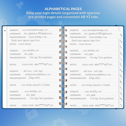 Clever Fox Password Book Spiral – Internet Address & Password Organizer with Laminated Alphabetical Tabs – Password Keeper Journal – Hardcover, Medium Size, 6.1x7.7” (Mystic Blue)