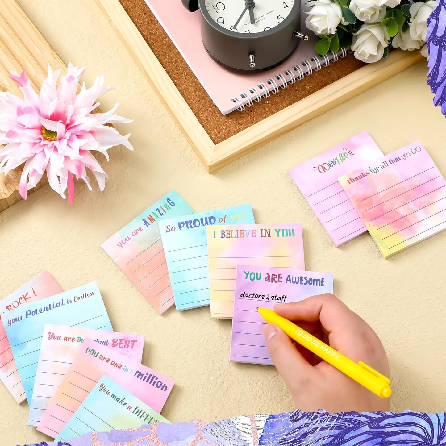 Yinder 48 Pcs Inspirational Sticky Notes Cute Motivational Sticky Notes Pad End of Year Employee Appreciation Gifts Bulk for Teacher Nurse Coworkers Office Supplies 3 x 3'' (Thank You,Dark Color)