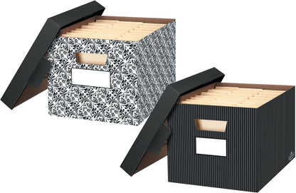 Bankers Box 4-Pack Pinstripe Design, Medium Duty File Storage Boxes with Lids, FastFold Assembly, Letter/Legal, STOR/FILE, (0029803)