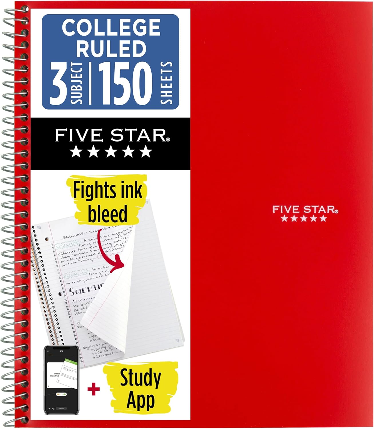 Five Star Spiral Notebook + Study App, 3 Subject, College Ruled Paper, 8-1/2" x 11", 150 Sheets, Fights Ink Bleed, Water Resistant Cover, Amethyst Purple (38746)