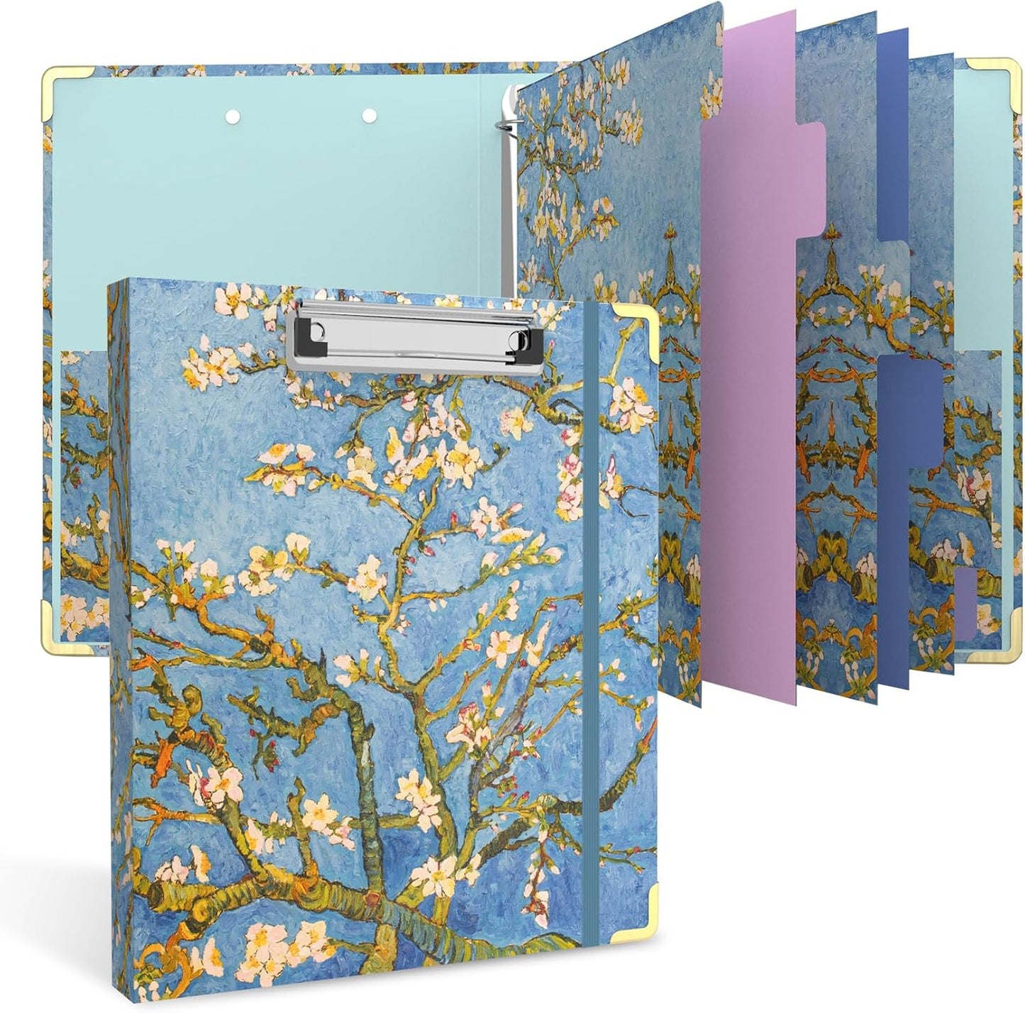 3 Ring Binder 2 Inch Round Ring Binder with 6 Tab Dividers，2 Interior Pockets，Cute Binder Clipboard with Storage, for School Office, Portfolio(Almond Tree)