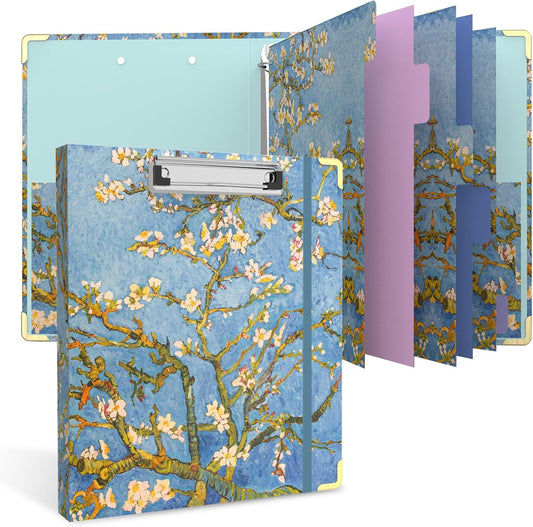 3 Ring Binder 2 Inch Round Ring Binder with 6 Tab Dividers，2 Interior Pockets，Cute Binder Clipboard with Storage, for School Office, Portfolio(Almond Tree)