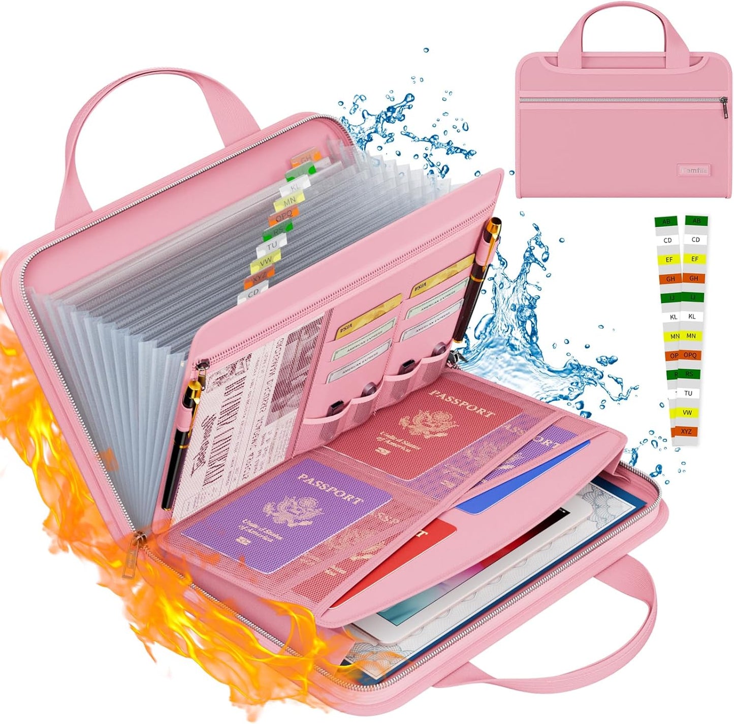 Tamfile Fireproof Accordion File Organizer with Handle, 13 Pocket Transparent Expanding File Folder with Zipper & Labels, File Folder with Multi-Pockets Paper Organizer Folder for Letter A4 Files