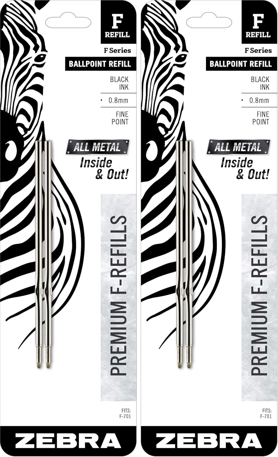 Zebra Pen Steel, F-Refill Ballpoint Ink Refills, 0.8mm Point, Black Ink, Fits Zebra F-701 Ballpoint Pen, Smooth Writing Performance with Clean, Consistent Lines, 2-Pack (89112)