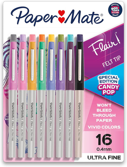 Paper Mate Flair Felt Tip Pens, Ultra Fine Point, Limited Edition Candy Pop Pack, Box of 16