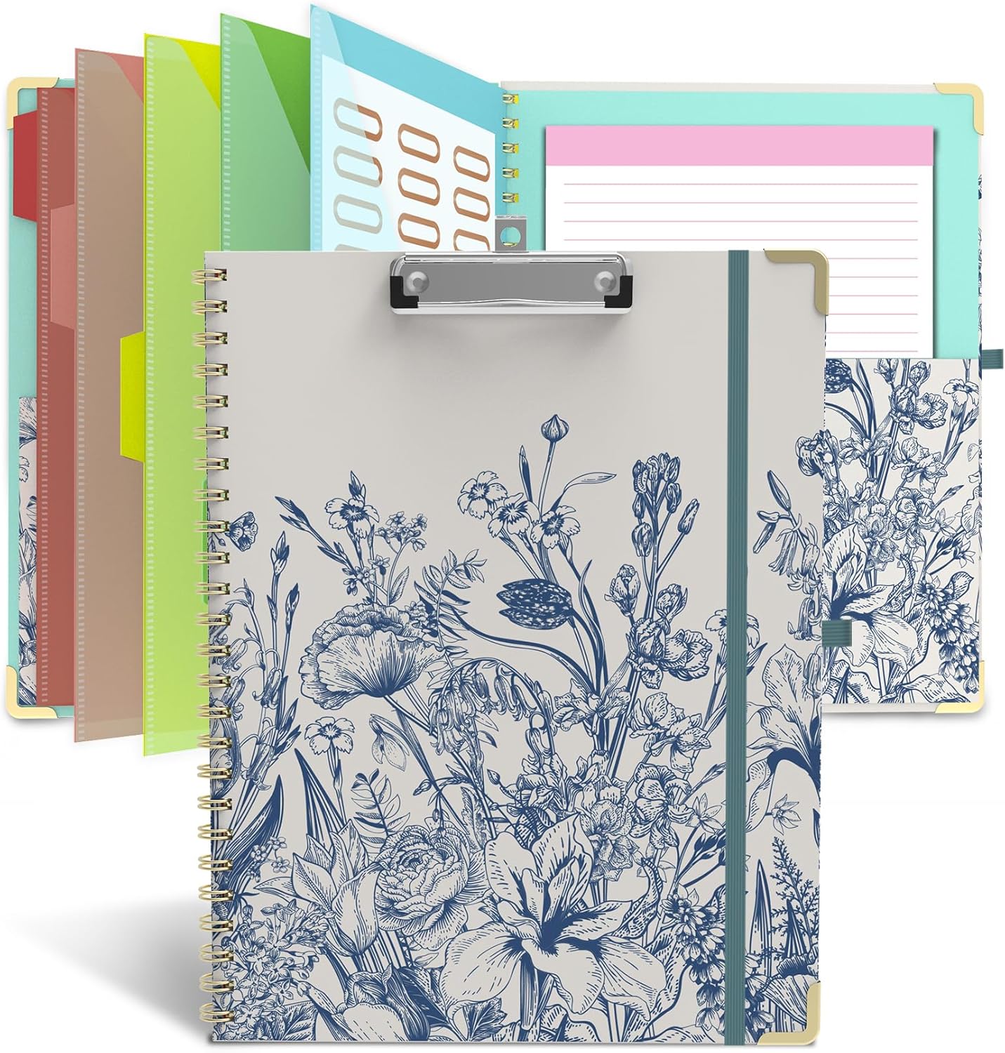 Clipboard Folio with Storage 8.5 X 11 Padfolio Notebook, Clipboards with Notepad Spiral with 10 Pockets and 5 Folders Nursing Teacher School Essentials (Pink Floral)