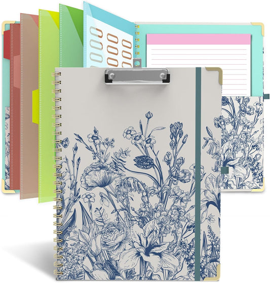 Clipboard Folio with Storage 8.5 X 11 Padfolio Notebook, Clipboards with Notepad Spiral with 10 Pockets and 5 Folders Nursing Teacher School Essentials (Pink Floral)