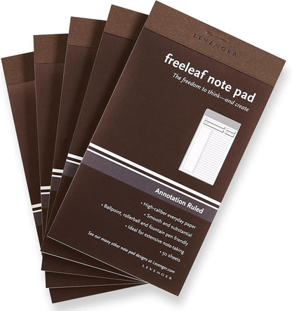 Levenger Freeleaf Annotation Ruled Writing Pads Lined Notepad, Compatible with Cornell Note-Taking System, Pack of 5, White, Letter