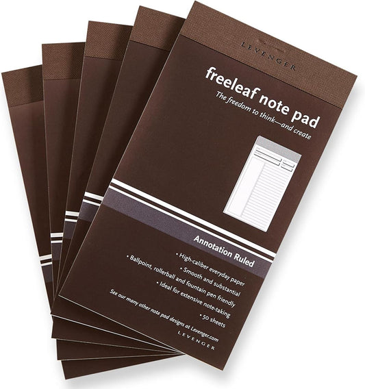 Levenger Freeleaf Annotation Ruled Writing Pads Lined Notepad, Compatible with Cornell Note-Taking System, Pack of 5, White, Letter