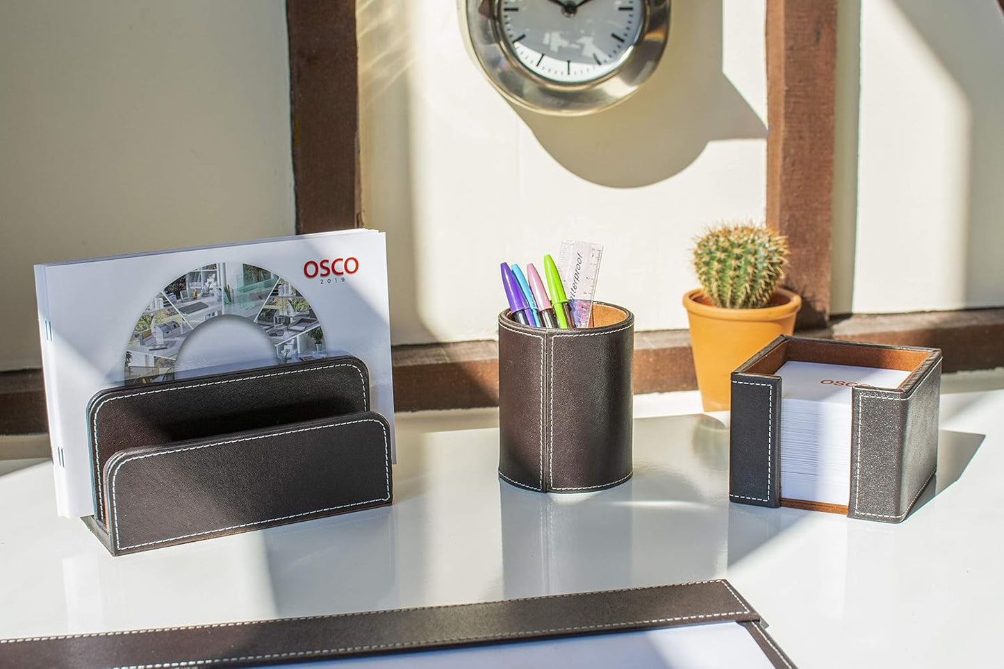 OSCO Black Faux Leather Letter Holder | Mail Sorter | Post Rack | Envelope Organiser | Document Stand | Desk File Storage | Display Slots | H14 x W17.5 D10 cm |