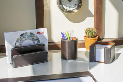 OSCO Black Faux Leather Letter Holder | Mail Sorter | Post Rack | Envelope Organiser | Document Stand | Desk File Storage | Display Slots | H14 x W17.5 D10 cm |
