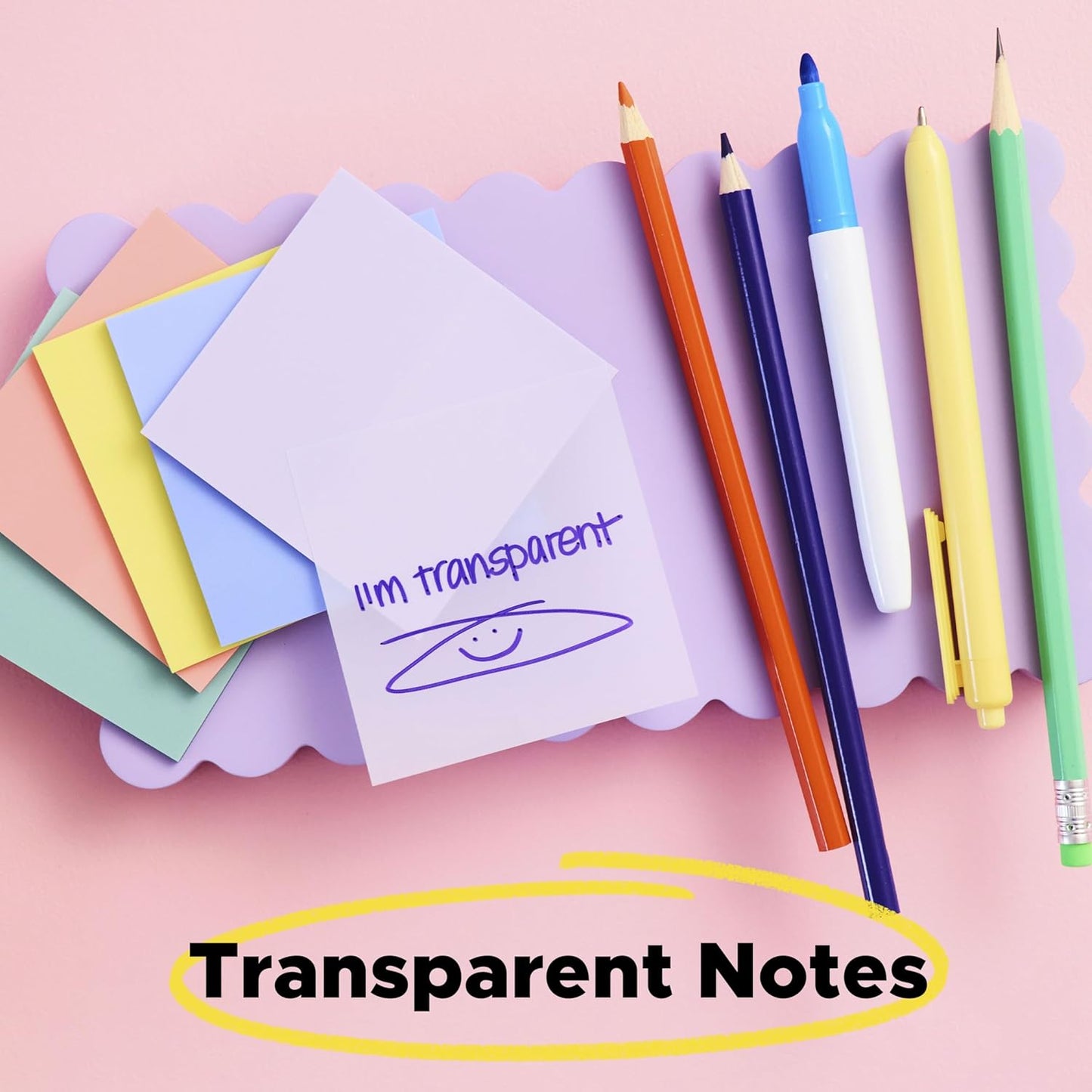 Post-it Transparent Notes, 2.8 in. x 2.8 in., Blue, Pink, Green and Orange Sticky Notes, School Supplies, Office Products, Great for Studying, 8 Pads