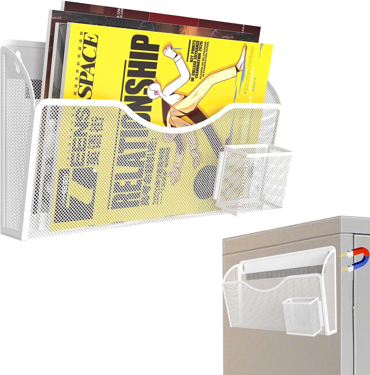 Magnetic File Holder 1 Pockets File Folder Organizer with Pen Holder, Office Hanging Magazine Rack for File Cabinets, Magnetic Paper Holder, No Drilling Mail Organizer for Refrigerator, Office (Black)