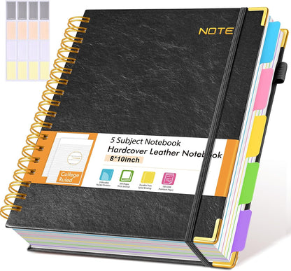 Hardcover Large Spiral Notebook 8.5" x 11" with Removable Dividers Tabs, 300 pages Leather 5 Subject Notebook College Ruled, A4 Journal for Women Men, Notebooks for Work School Note taking,Black