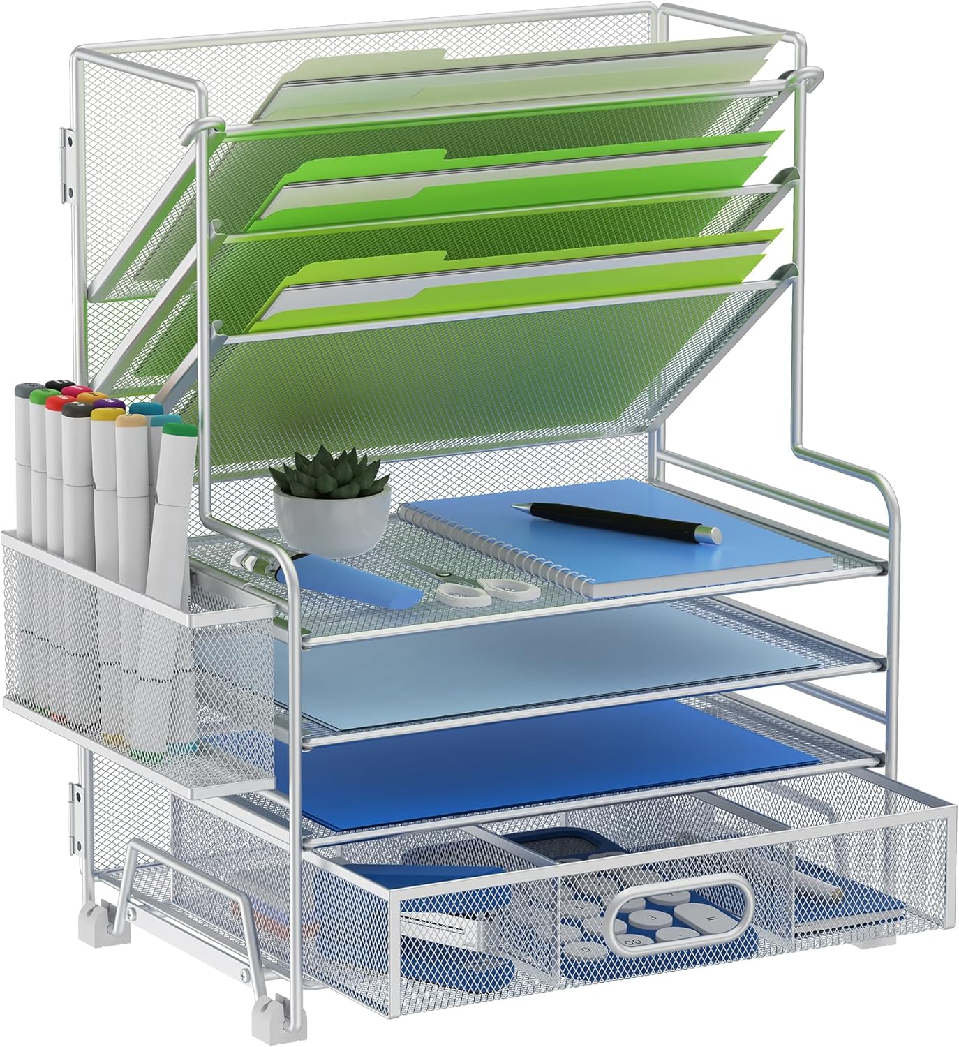 MINDEPOT 4-Tier Paper Organizer + 3-Pocket File Holder + Drawer + Pen Holders, Desktop File Organizers Paper Tray for Office Supplies School Classroom Organization (Black, No Drawer & Pen Holder)