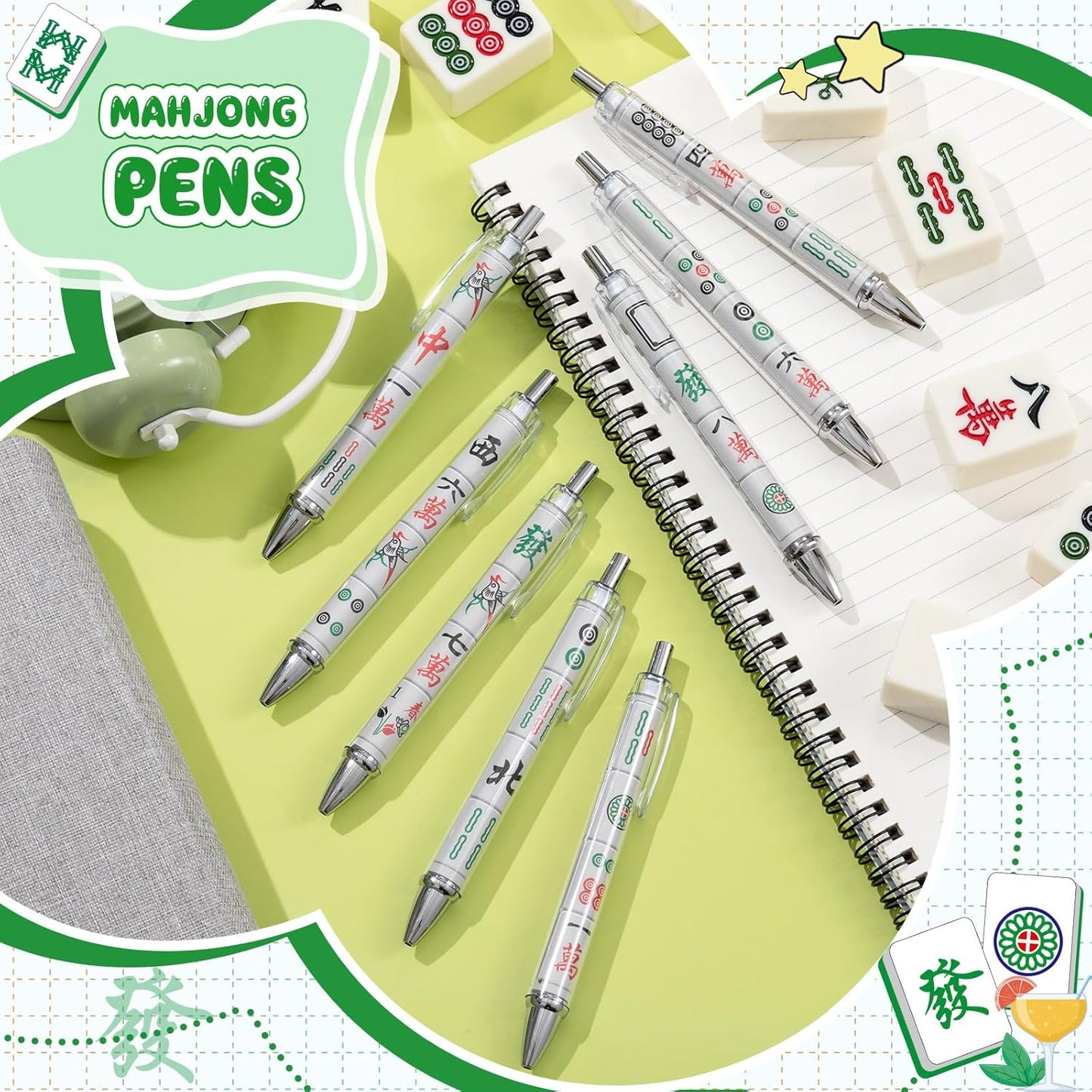 Ireer 8 Pcs Ballpoint Pens for Women 1.00 mm Cute Black Ink Pens Fine Point Smooth Writing for Journaling Aesthetic Office Supplies (Mahjong)