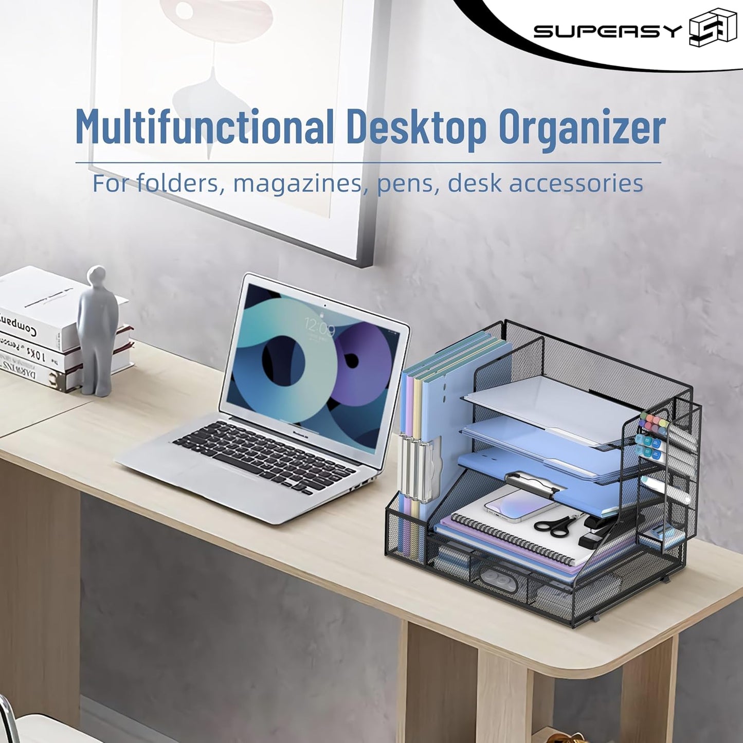 SUPEASY Desk Organizer with File Holder, 5-Tier Mesh Paper Letter Tray Organizer with Pen Holder and Drawer, Desktop Organizer and Storage with 3 Tilted File Sorter for Office Supplies, Blue