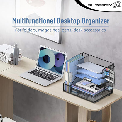SUPEASY Desk Organizer with File Holder, 5-Tier Mesh Paper Letter Tray Organizer with Pen Holder and Drawer, Desktop Organizer and Storage with 3 Tilted File Sorter for Office Supplies, Blue