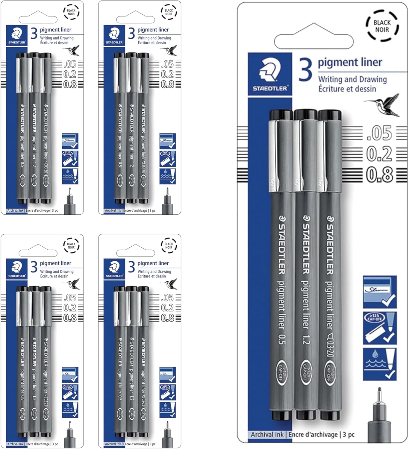 Staedtler Pigment Liner Pack, Black, 8 Pens, Assorted Line Widths, 0.05mm, 0.1mm, 0.2mm, 0.3mm, 0.5mm, 0.8mm, 1.0mm, 1.2mm