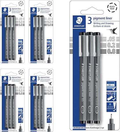 Staedtler Pigment Liner Pack, Black, 8 Pens, Assorted Line Widths, 0.05mm, 0.1mm, 0.2mm, 0.3mm, 0.5mm, 0.8mm, 1.0mm, 1.2mm