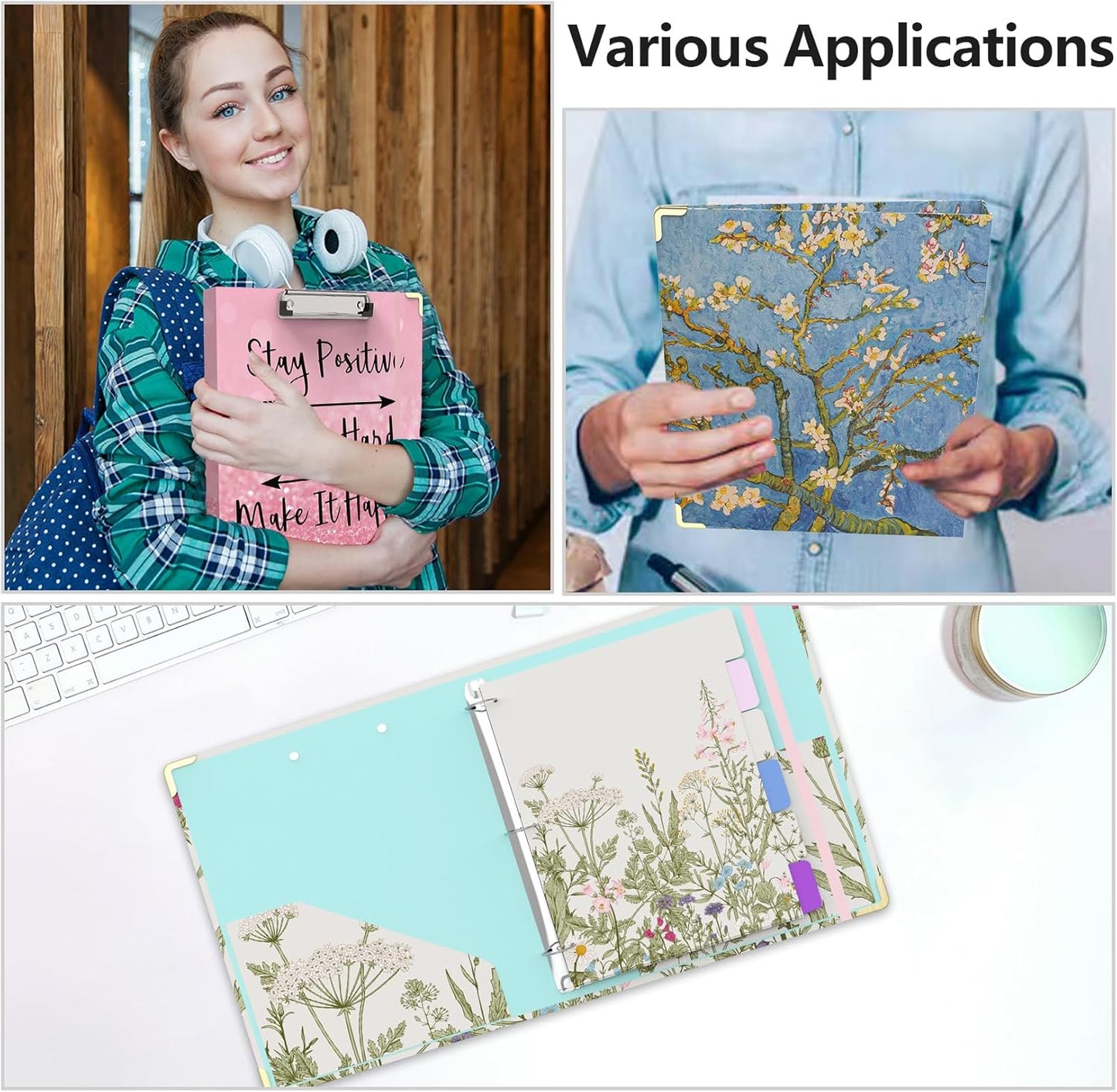 3 Ring Binder 2 Inch Round Ring Binder with 6 Tab Dividers，2 Interior Pockets，Cute Binder Clipboard with Storage, for School Office, Portfolio(Almond Tree)