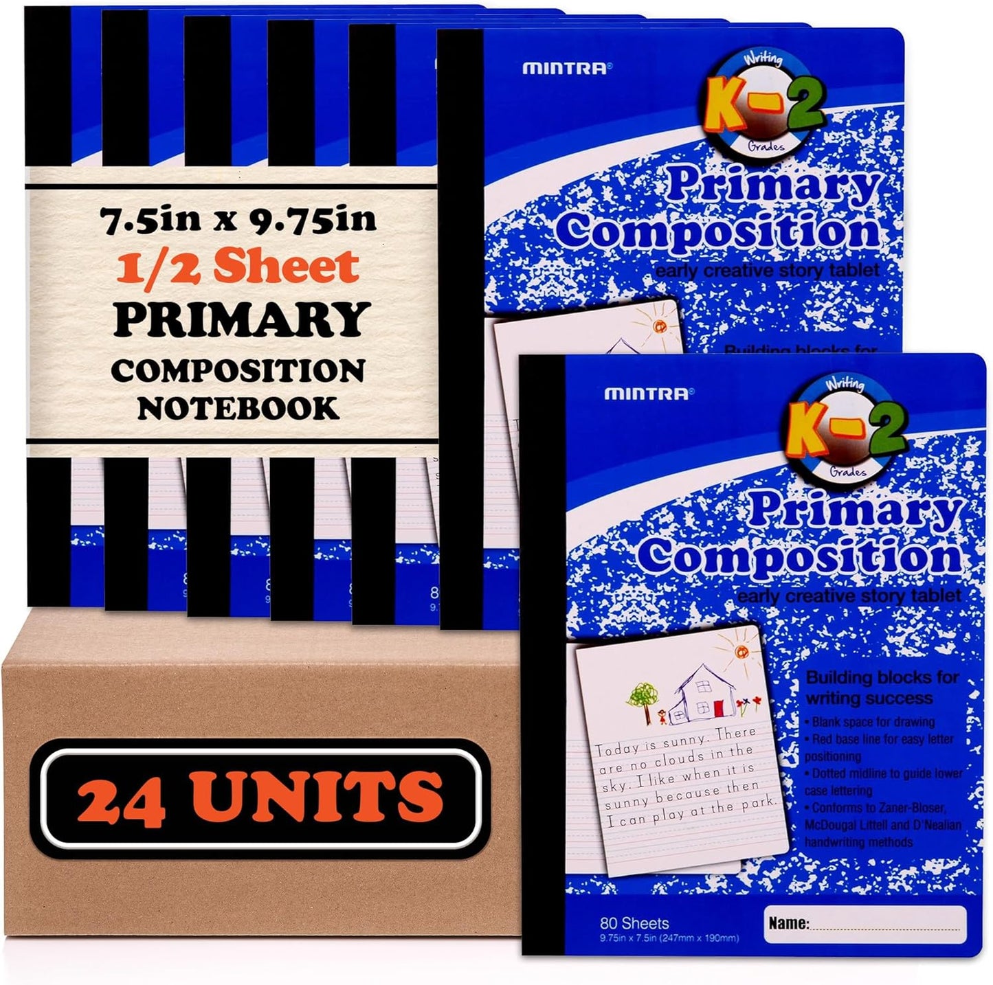 Mintra Primary Composition Notebook, 4 Pack, Assorted Colors 80 Sheets, 7.5in x 9.75in, 1/2 Sheet, Ruled with Drawing Area, Flexible Hardcover Journal, Grades K-2, School & Home Use