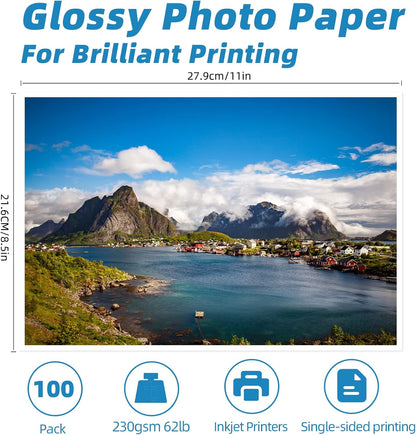 Uinkit 100 Sheets Thick Inkjet Glossy Photo Paper Picture 8.5x11 62lb 230g 11.1mil Cardstock Postcard Brochure For Dye Ink Inkjet Printer