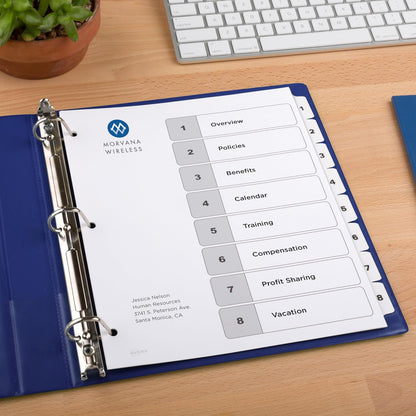 Avery 8 Tab Dividers for 3 Ring Binders, Customizable Table of Contents, Classic White Tabs, 6 Sets (11822)
