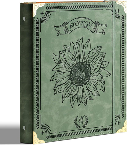 Ovesmusl Leather 3 Ring Binder Fits 8.5"x11" Letter Size Paper, 1 Inch Round Ring Binder Holds 200 Sheets, Notebook Cover Loose Leaf Organizer, Green Tree
