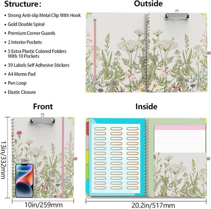 Clipboard Folder with Notepad Refillable Lined for Letter Size (11" x 8.5"), 5 Dividers with Storage 10 Pockets, Cute Spiral Foldable Clipboard with Metal Clip School Office Supplies (Sunflowers)