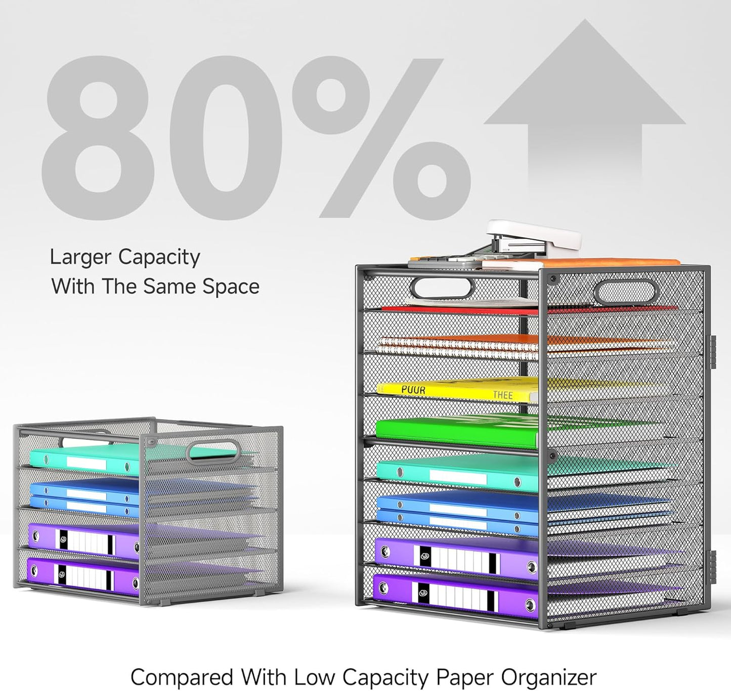 Cawukege 9 Tier Paper Organizer with Handle, Black Large Capacity Desk Organizer Mesh File Folder Letter Paper Tray Desktop Document Sorter for Classroom, School, and Office Accessories Organization