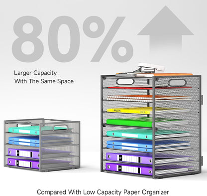Cawukege 9 Tier Paper Organizer with Handle, Black Large Capacity Desk Organizer Mesh File Folder Letter Paper Tray Desktop Document Sorter for Classroom, School, and Office Accessories Organization