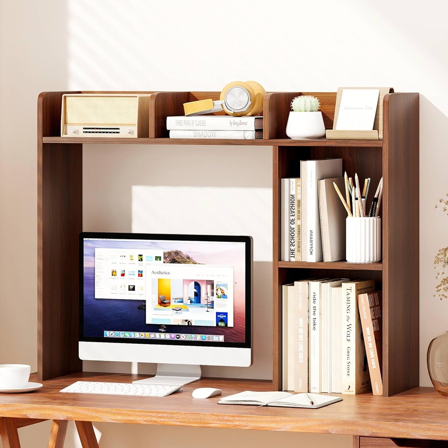 Tangkula Desktop Bookshelf, Countertop Storage Hutch with 5 Shelves for Computer Desk, Desk 3-Tier Display Rack, Multipurpose Wood Desktop Hutch Storage Organizer for Dorm Office Home