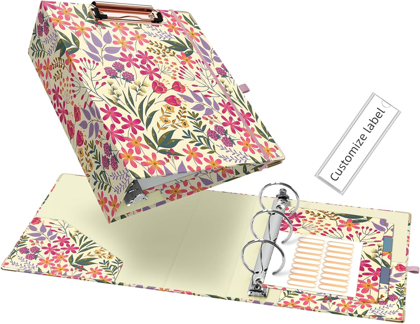 Ospelelf Binder 3 Ring 1 Inch, Floral Round Ring Clipboard Binder for Letter Size with 5 Tab Dividers, File Folder Labels, for School and Office Supplies