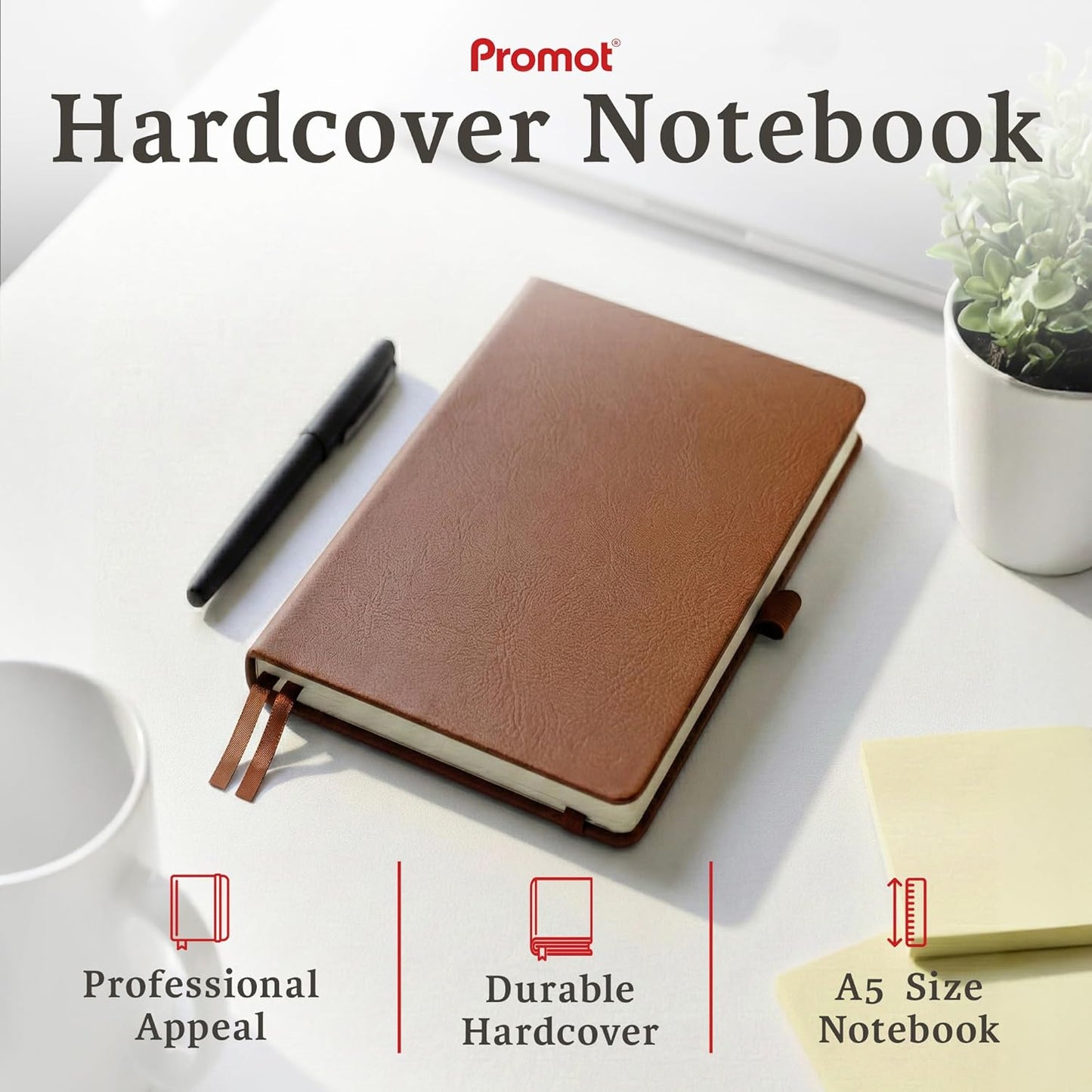 Promot Ruled Journal Notebook - A5 Brown 192 Lined Pages 8.2 x 5.5 Inch - Hardcover Leather Notebook for Writing - 100 GSM Thick Paper, PU Leather, Pen Loop, Inner Pocket, Elastic Band