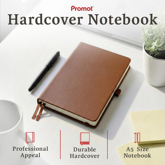 Promot Ruled Journal Notebook - A5 Brown 192 Lined Pages 8.2 x 5.5 Inch - Hardcover Leather Notebook for Writing - 100 GSM Thick Paper, PU Leather, Pen Loop, Inner Pocket, Elastic Band