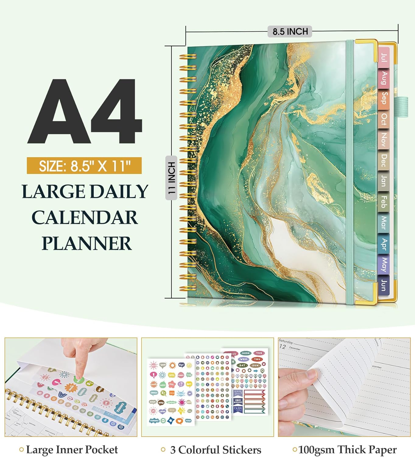 2026 Planner, Weekly and Monthly Calendar Planner from January 2026 - December 2026, 8.5" x 11" Hardcover Leather Hourly Appointment Book with Tabs, Spiral Daily Planners for School Work Home, Green