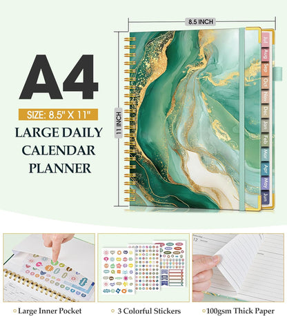 2026 Planner, Weekly and Monthly Calendar Planner from January 2026 - December 2026, 8.5" x 11" Hardcover Leather Hourly Appointment Book with Tabs, Spiral Daily Planners for School Work Home, Green