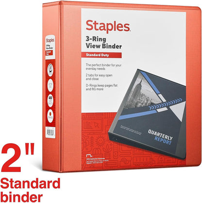 Staples Standard 2-Inch 3-Ring View Binder, Holds Up to 450 Sheets, Orange, Durable Binder for Office & School
