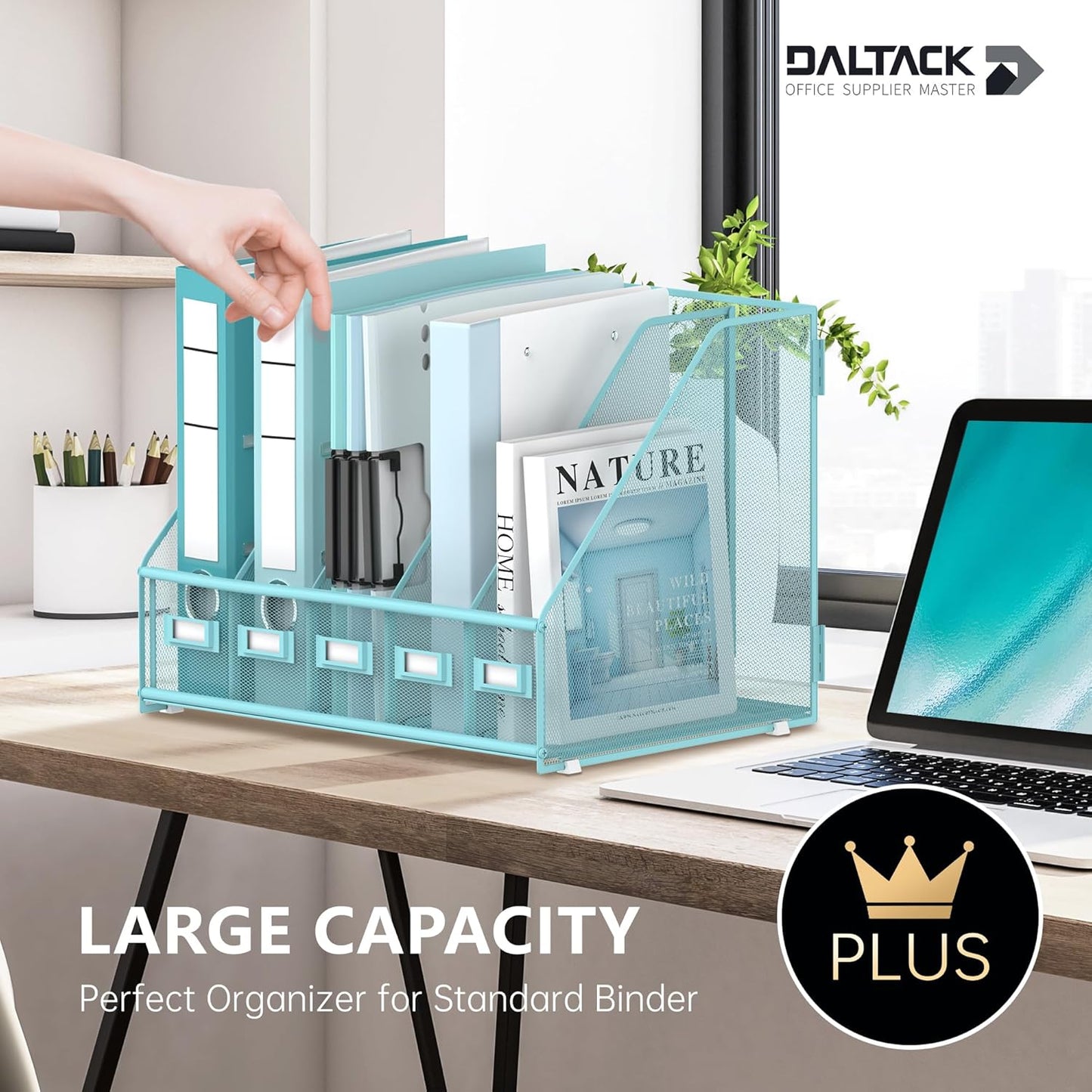 DALTACK 4 Vertical Compartments Magazine File Holder, Binder Organizer, Metal Desk Organizers for Office Home School Classroom Organization, Black