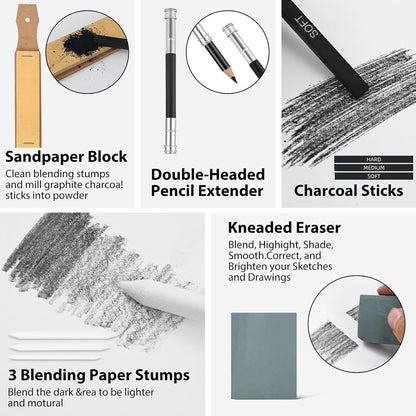 Drawing Sketching Pencil Set, 24 Piece Pro Artist Sketch Kit - Graphite Pencils (12B-4H),Charcoal Pencils for Drawing,Black and White Charcoal Pencils,Charcoal Sticks,Stumps,Eraser,Sharpeners